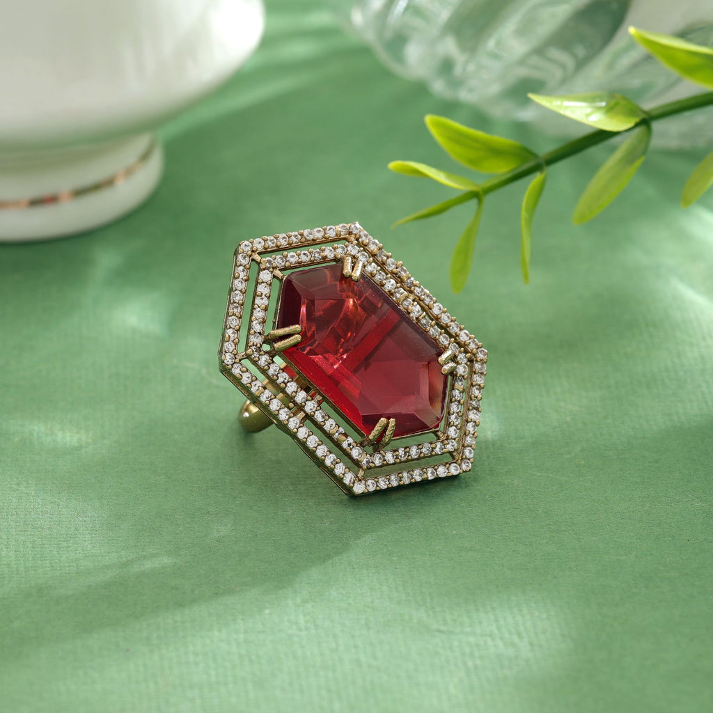 Red Color American Diamond Ring Bold Statement Party Wear Jewelry Design - Red