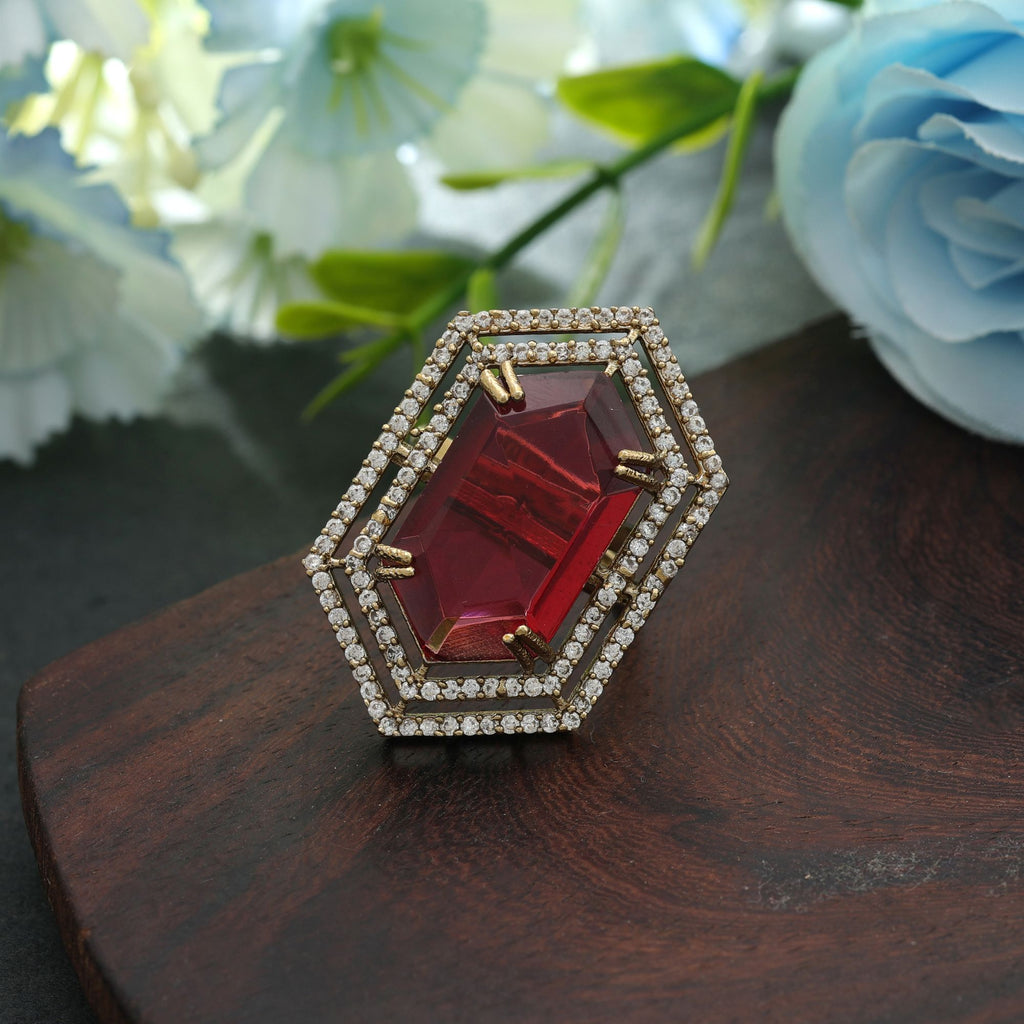 Red Color American Diamond Ring Bold Statement Party Wear Jewelry Design - Red