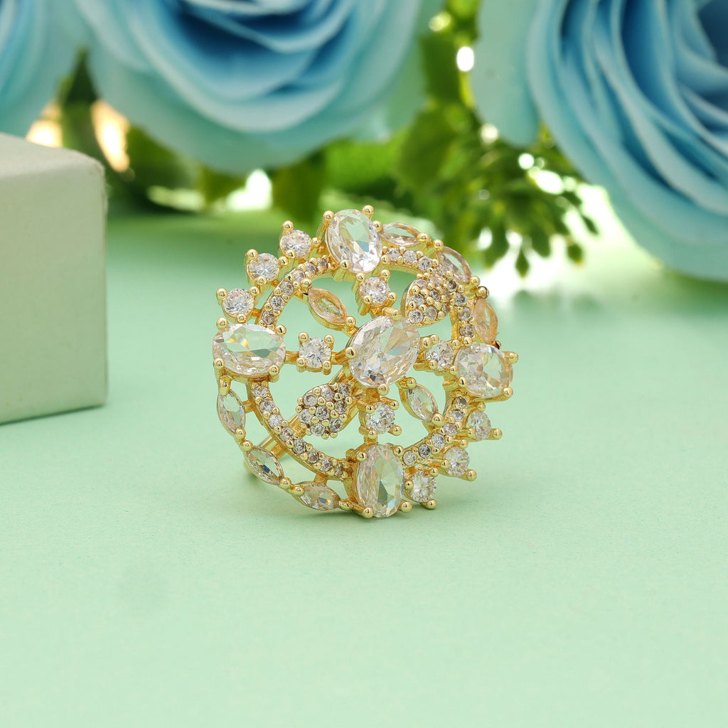 Gold Color American Diamond Ring Classic Bridal Statement Jewelry Collection Design - Gold