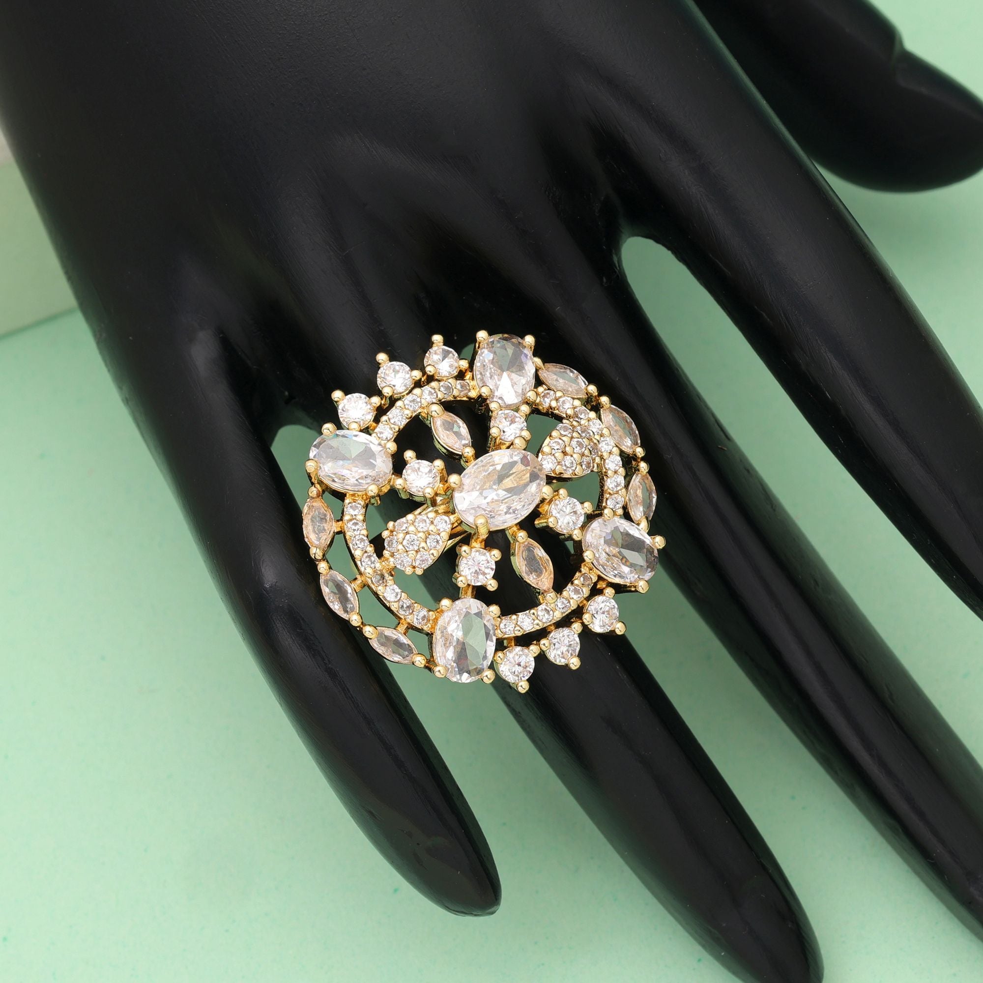Gold Color American Diamond Ring Classic Bridal Statement Jewelry Collection Design - Gold