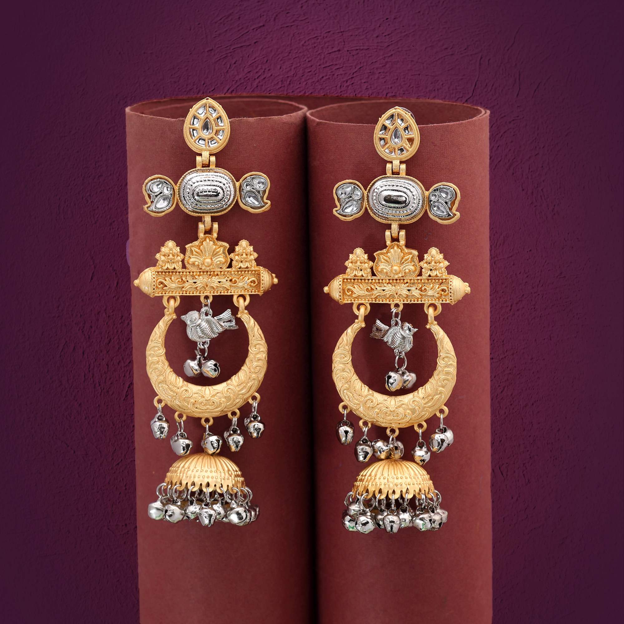 Gold & Silver Color Beautiful Traditional Amrapali Earrings For Brides And Women - Gold & Silver