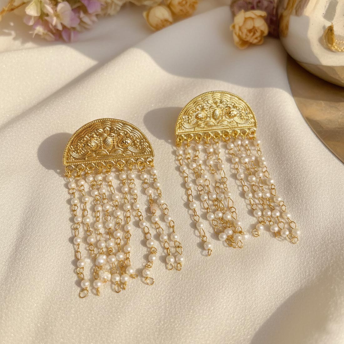 White Color Traditional Amrapali Earrings Elegant Ethnic Temple Style Jewelry - White