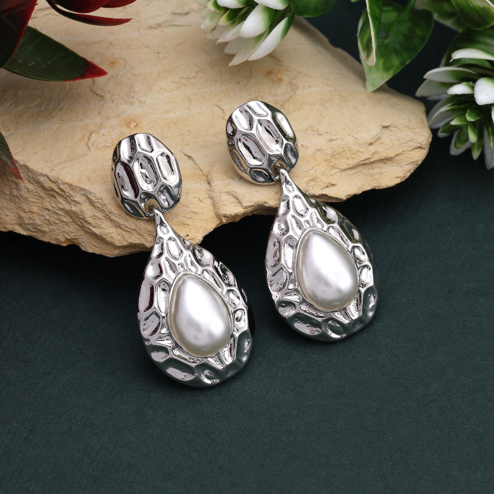 Beautiful White Color Anti Tarnish Earrings With Stone Studded Look For Festive Events