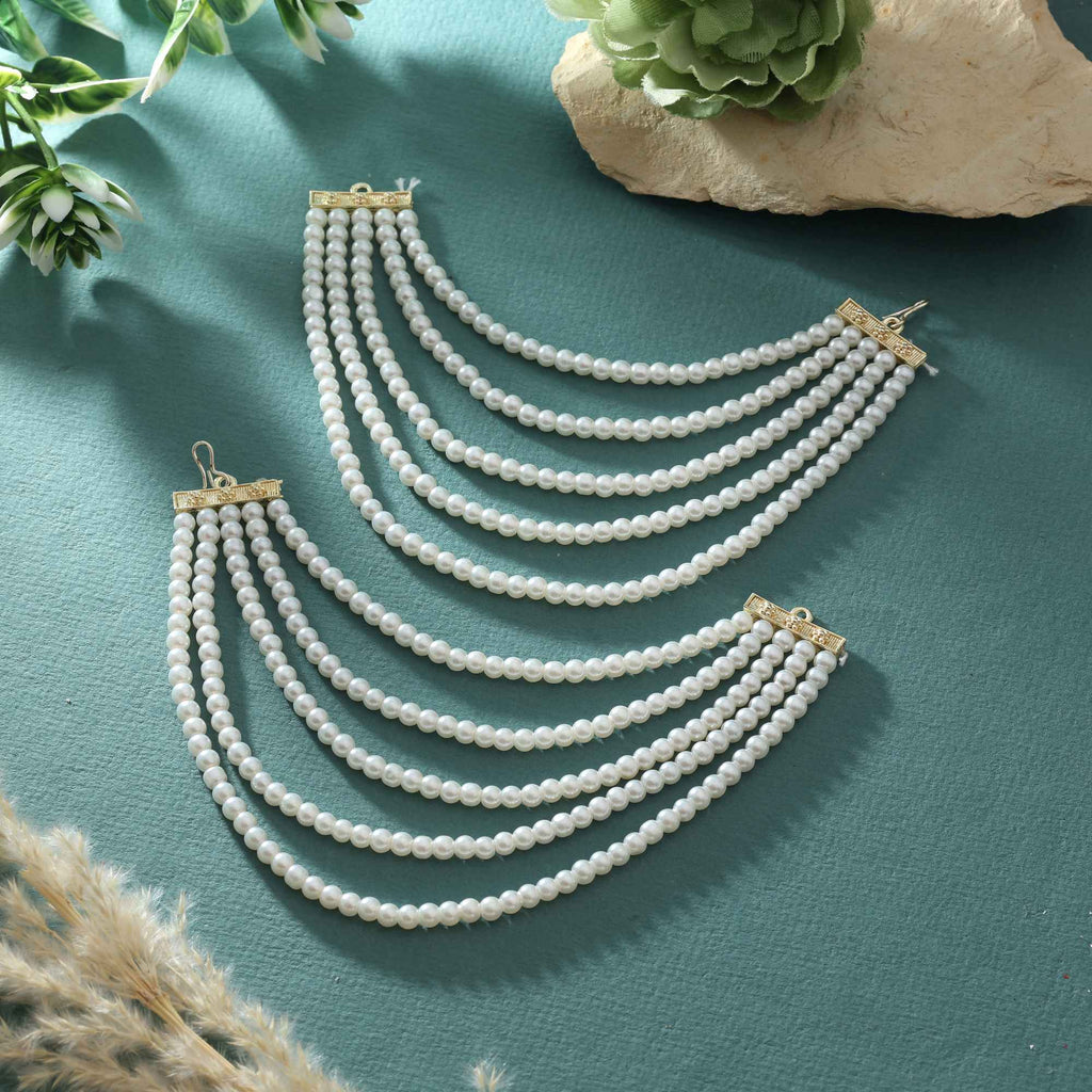 White Color Earrings Chain With Beautiful Pearl Detailing For Bridal Fashion - White