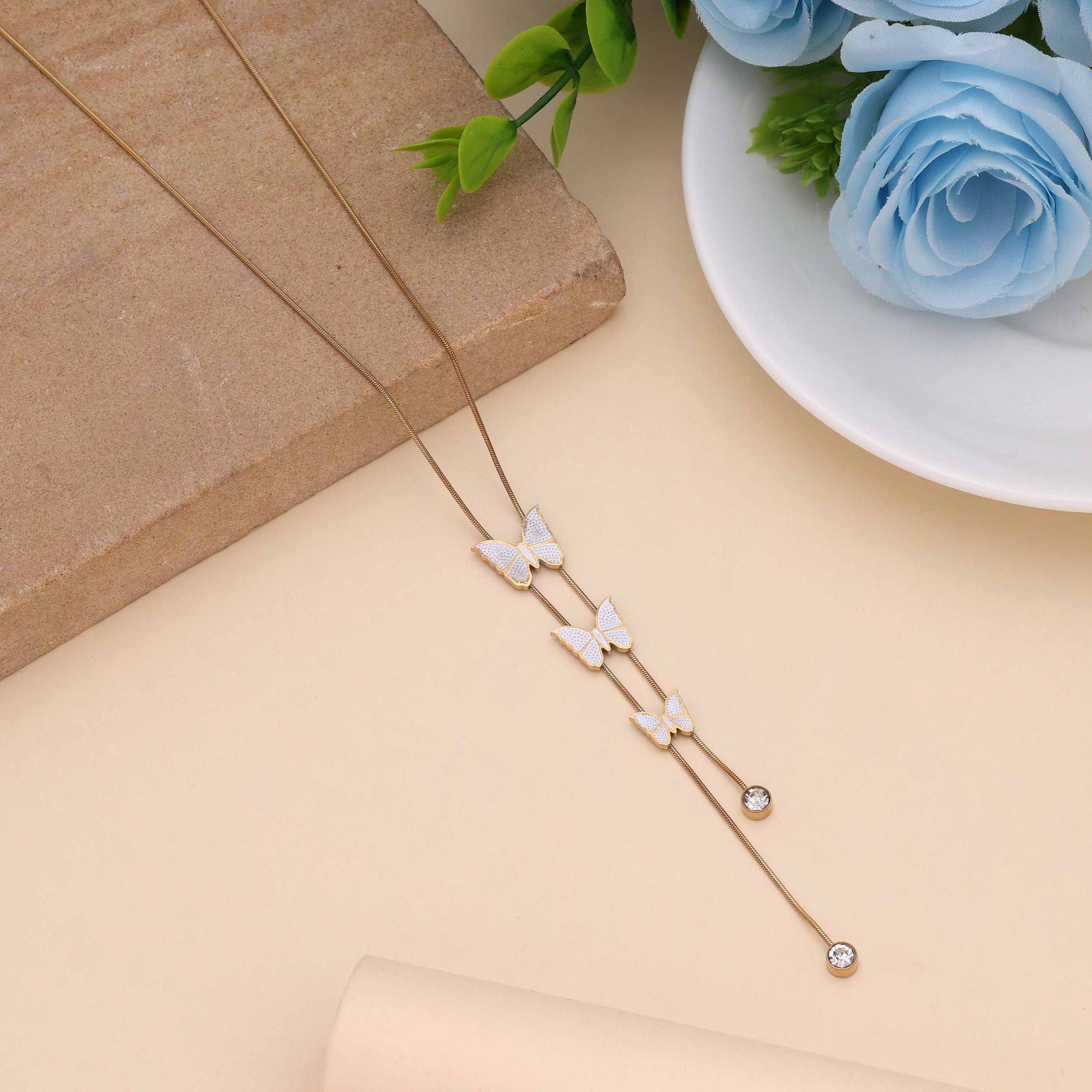 White Color Butterfly Design Stainless Steel Anti Tarnish Necklace Crafted For Graceful Styling - White