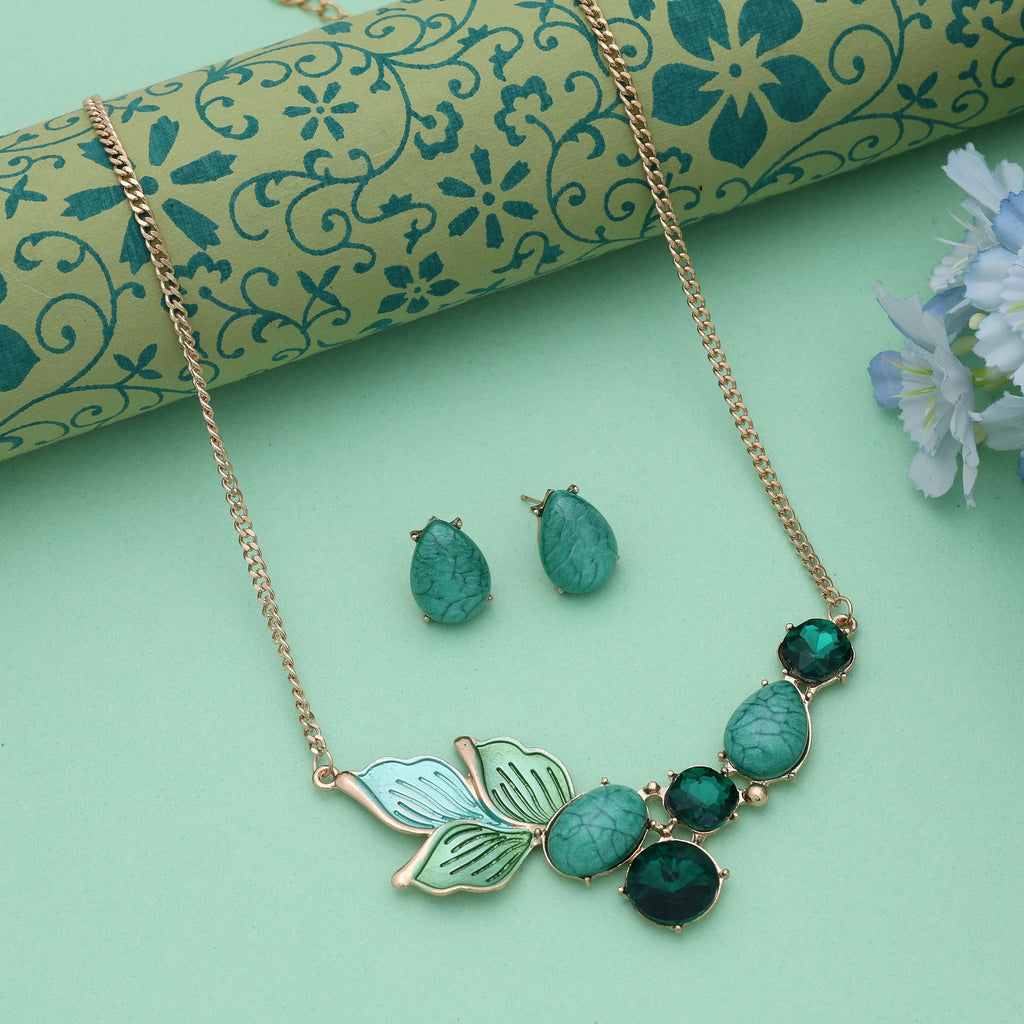 Green Color Anti Tarnish Necklace Set With Elegant Everyday Wear Jewelry Styling - Green