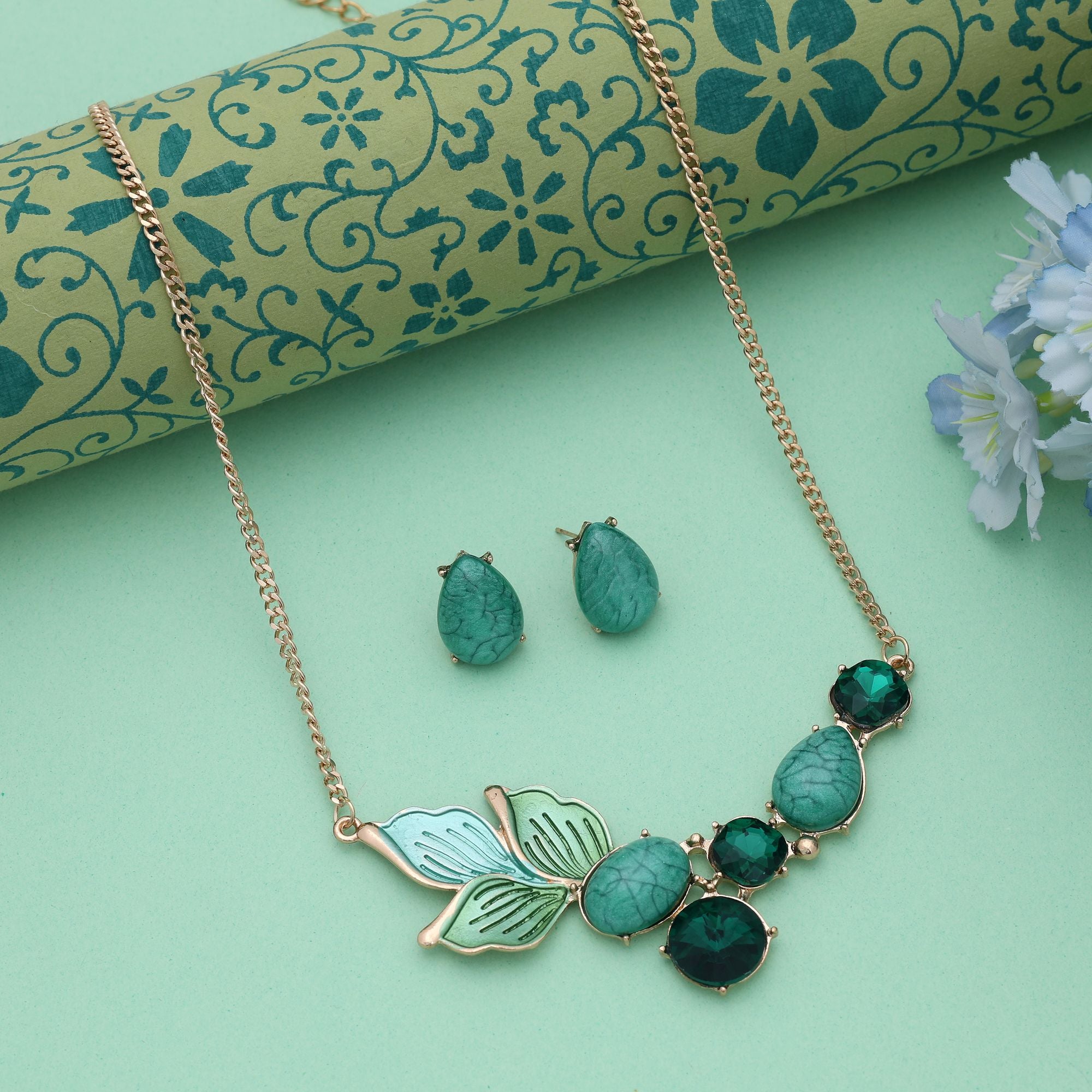 Green Color Anti Tarnish Necklace Set With Elegant Everyday Wear Jewelry Styling - Green
