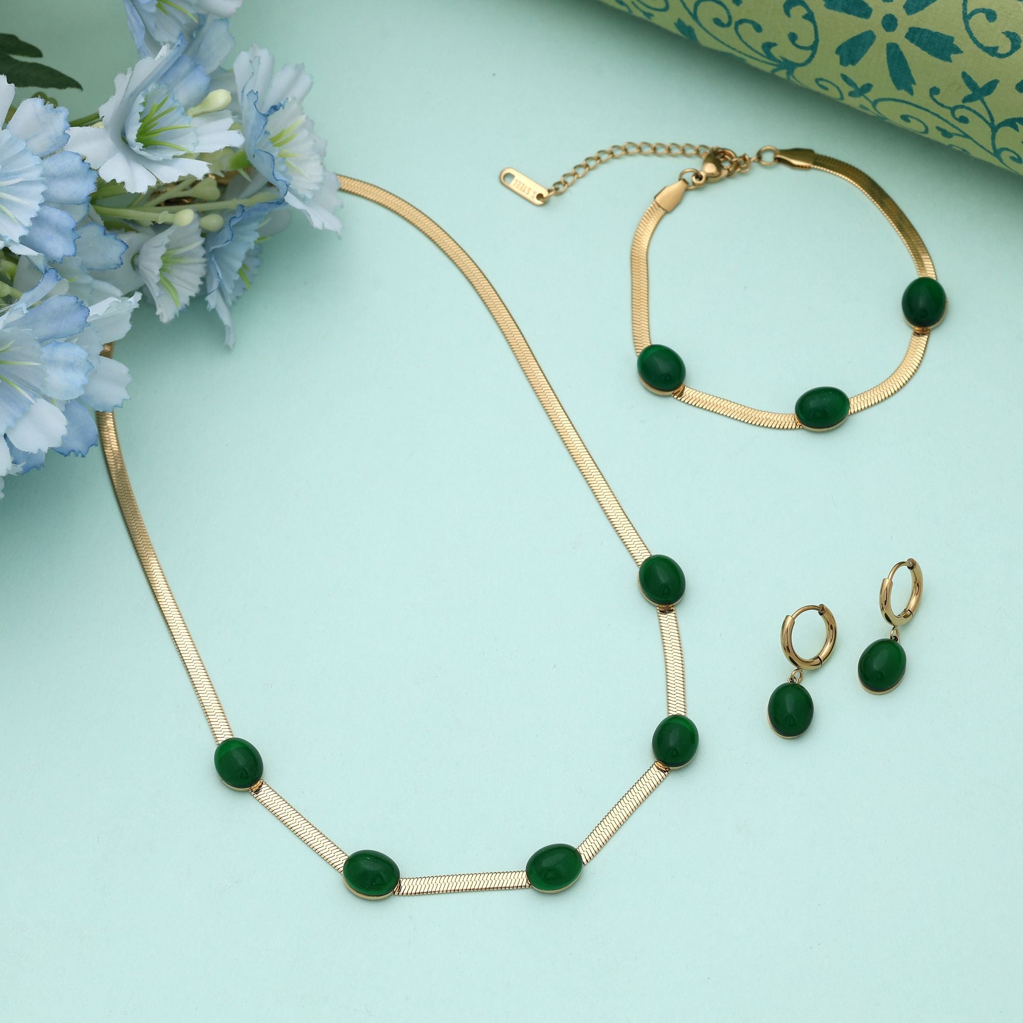 Green Color Anti Tarnish Necklace Set With Stylish Contemporary Jewelry Appeal - Green