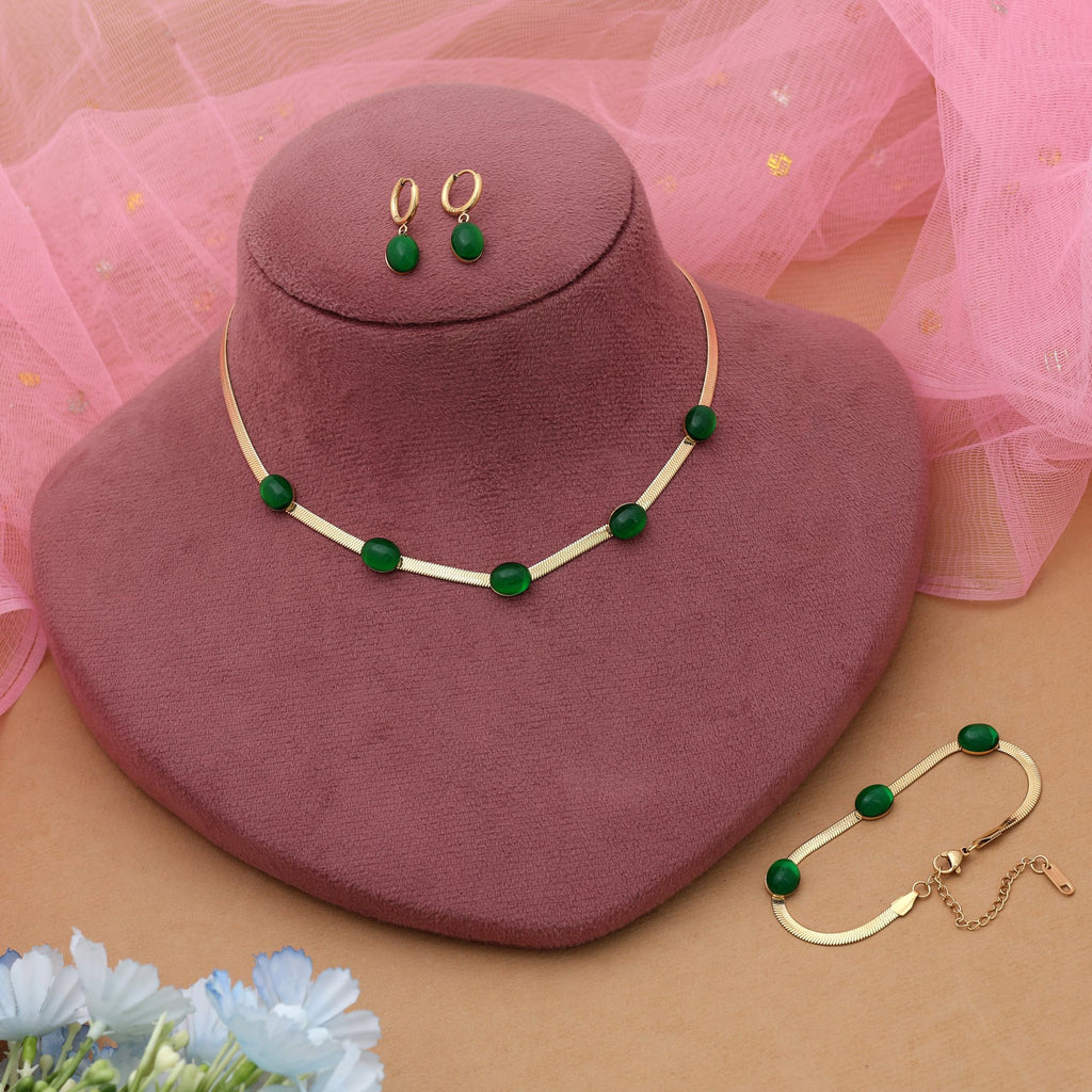 Green Color Anti Tarnish Necklace Set With Stylish Contemporary Jewelry Appeal - Green