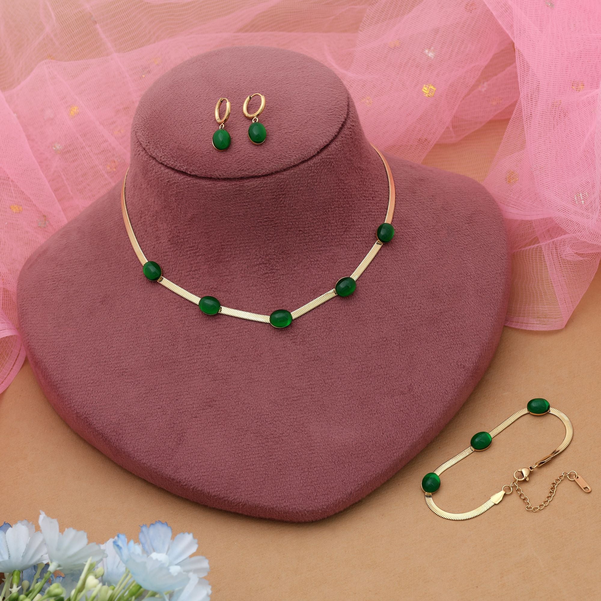 Green Color Anti Tarnish Necklace Set With Stylish Contemporary Jewelry Appeal - Green
