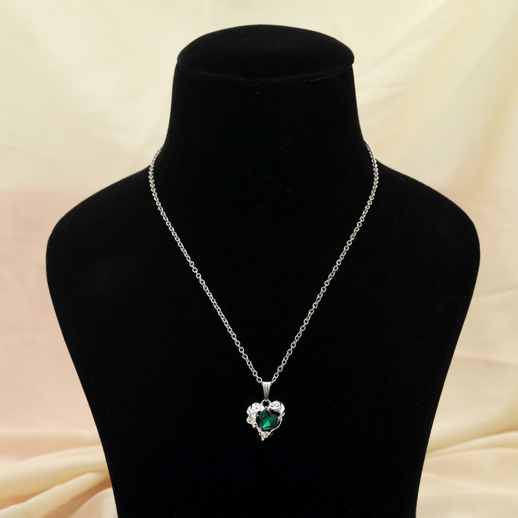 Green Color Heart Shape Anti Tarnish Necklace Elegant Romantic Statement Jewelry - Green