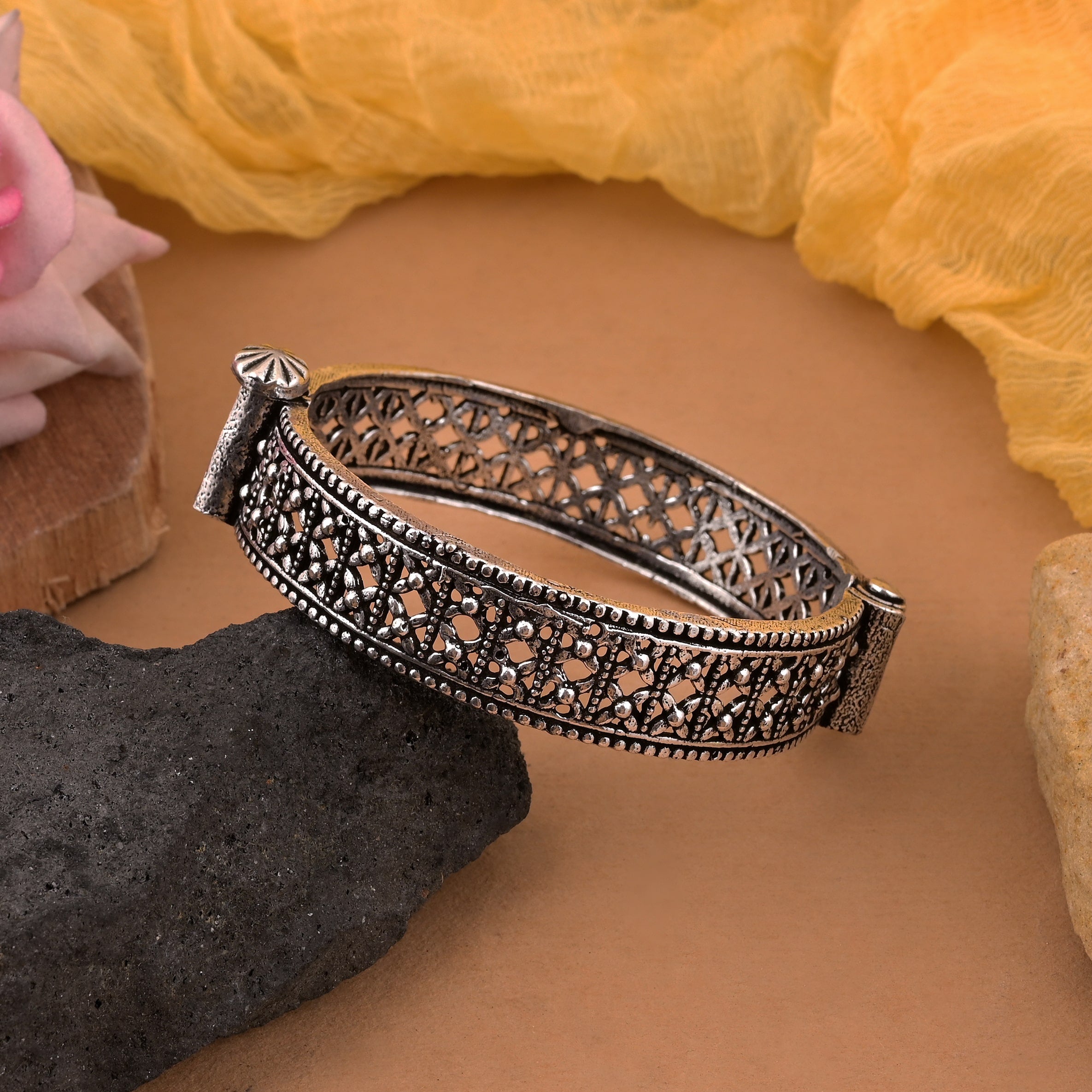 Graceful Silver Color Oxidised Openable Bracelet Crafted For Everyday Comfort - Silver