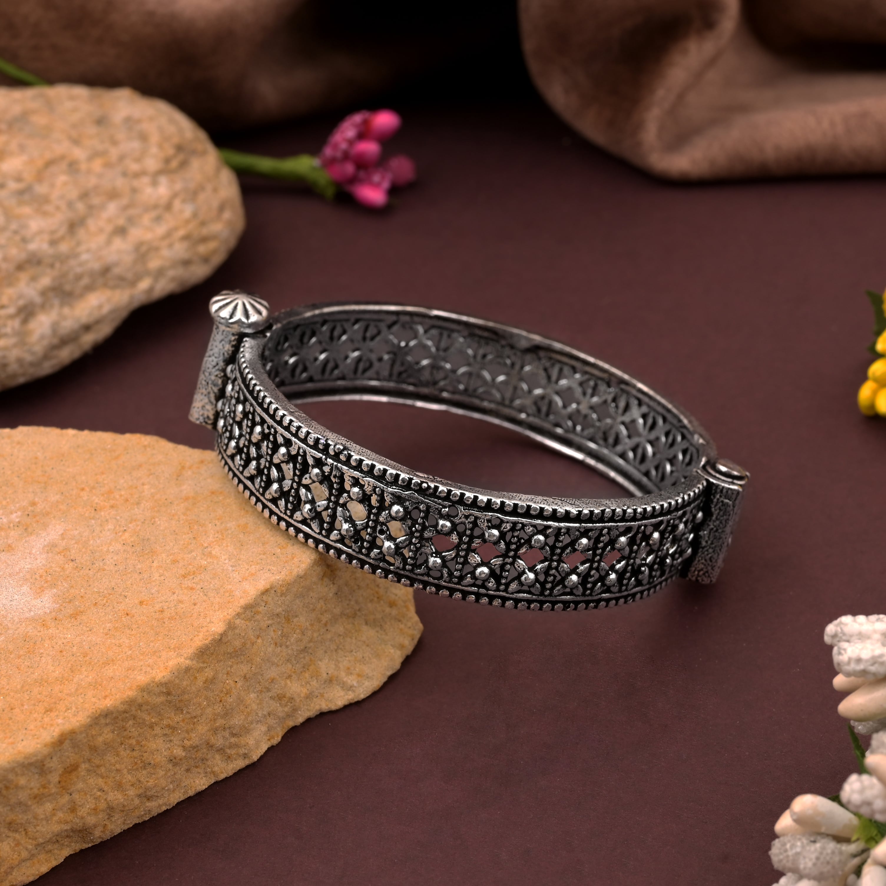 Graceful Silver Color Oxidised Openable Bracelet Crafted For Everyday Comfort - Silver