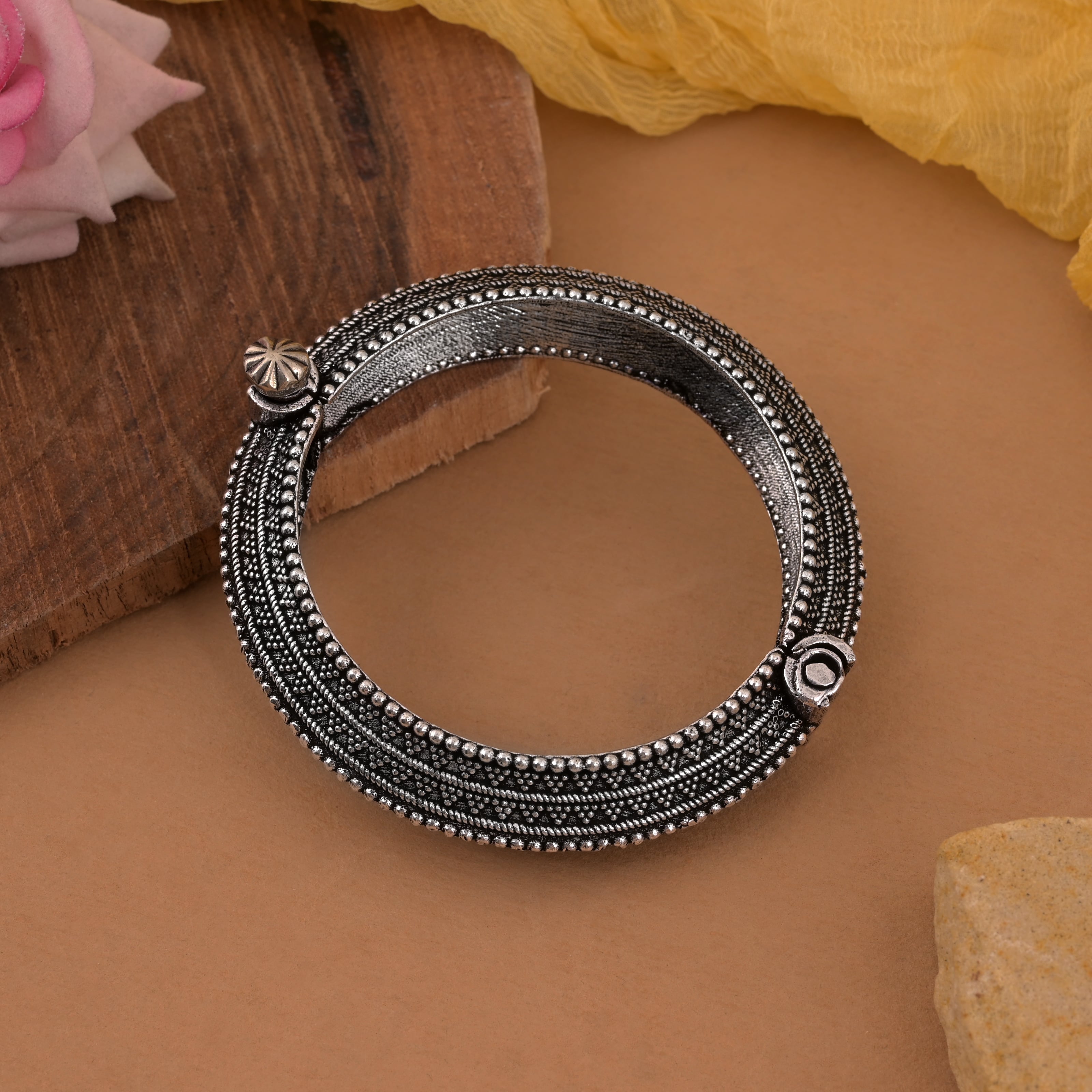 Party Wear Silver Color Oxidised Openable Beautiful Bracelet - Silver