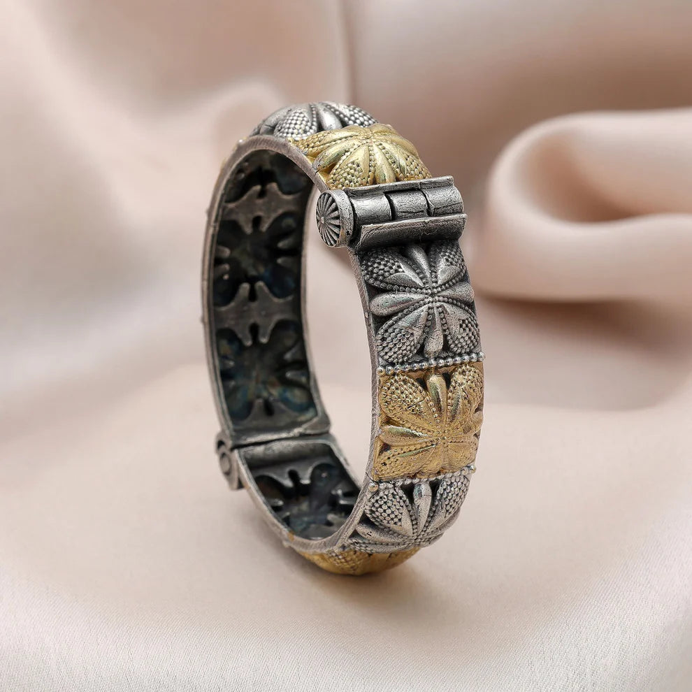 Beautiful Gold & Silver Color Two Tone Oxidised Openable Bracelet With Ethnic Jewelry Artwork Design