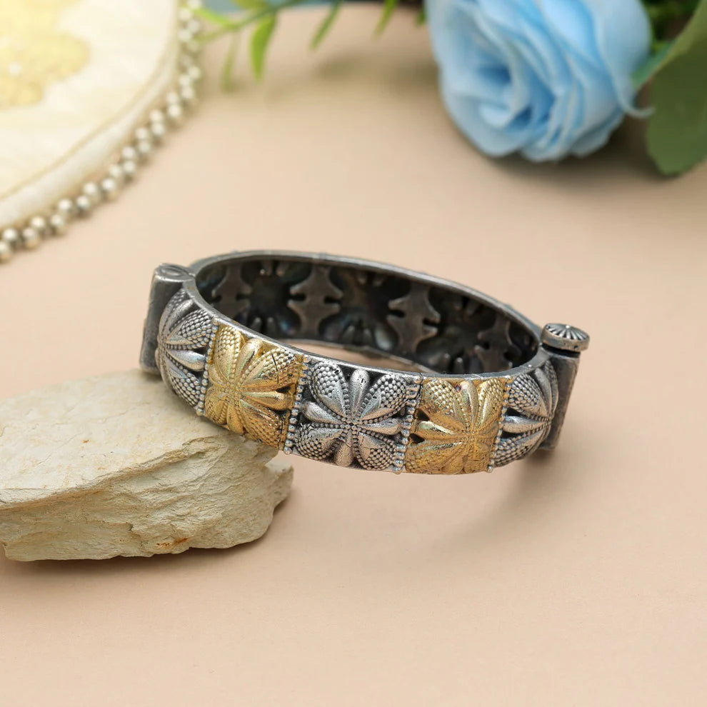 Beautiful Gold & Silver Color Two Tone Oxidised Openable Bracelet With Ethnic Jewelry Artwork Design