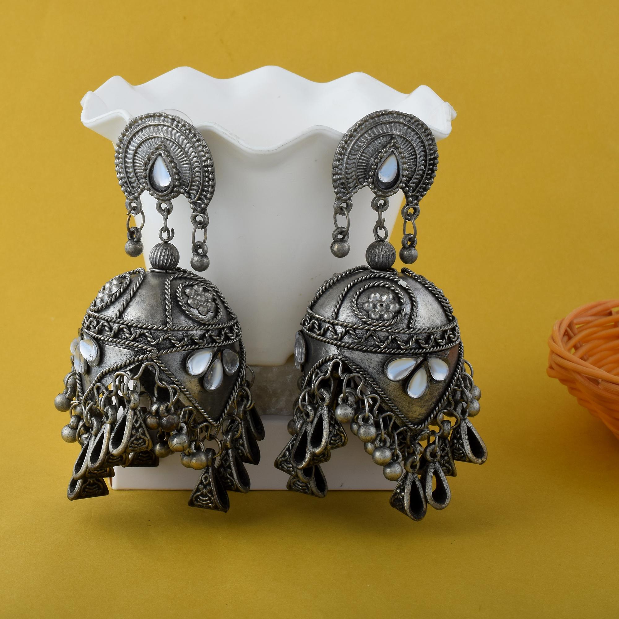 Oversized Silver Color Jhumka Oxidised Earrings With Hanging Dome Charms - Silver
