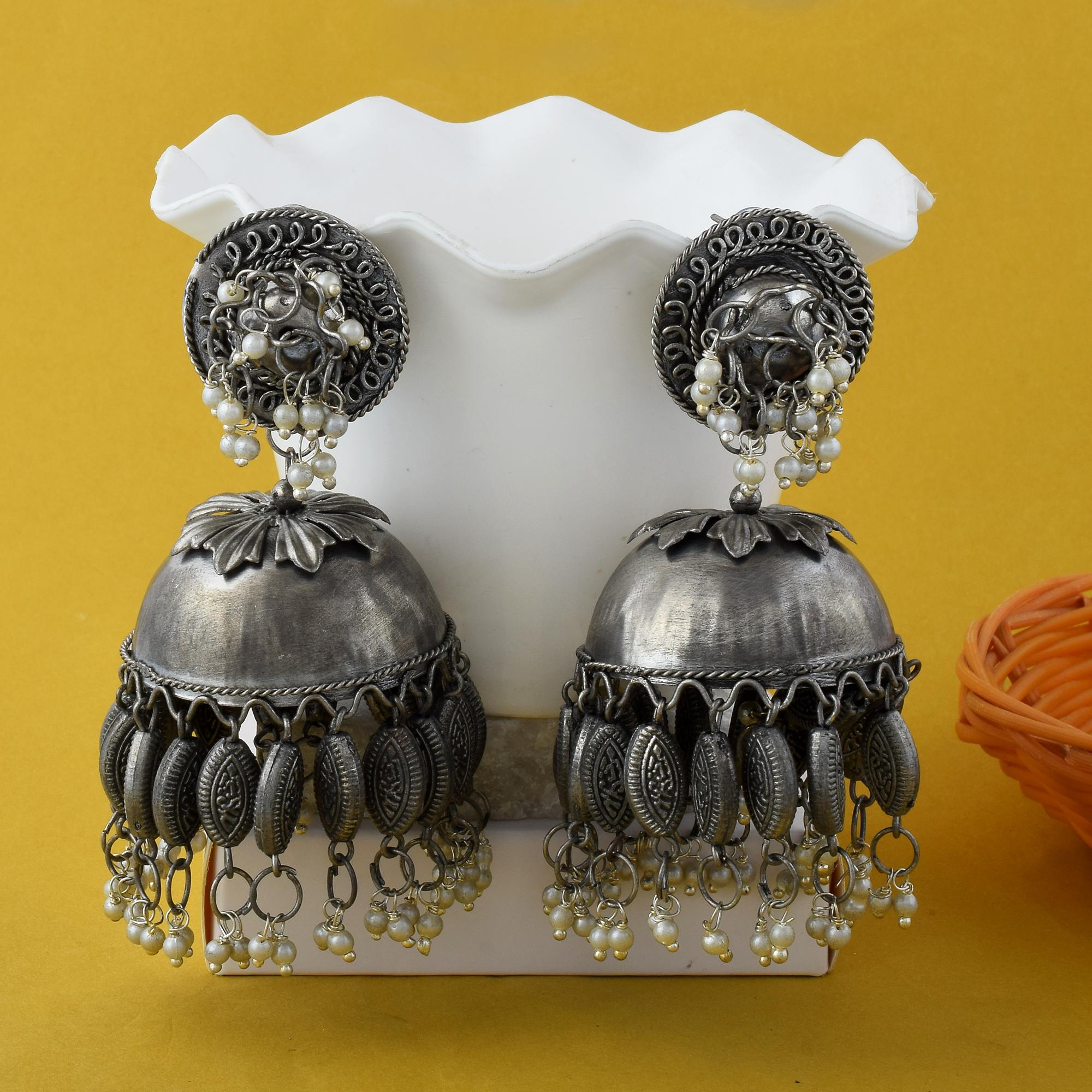 Dramatic Silver Color Big Jhumka Oxidised Earrings For Cultural Functions - Silver