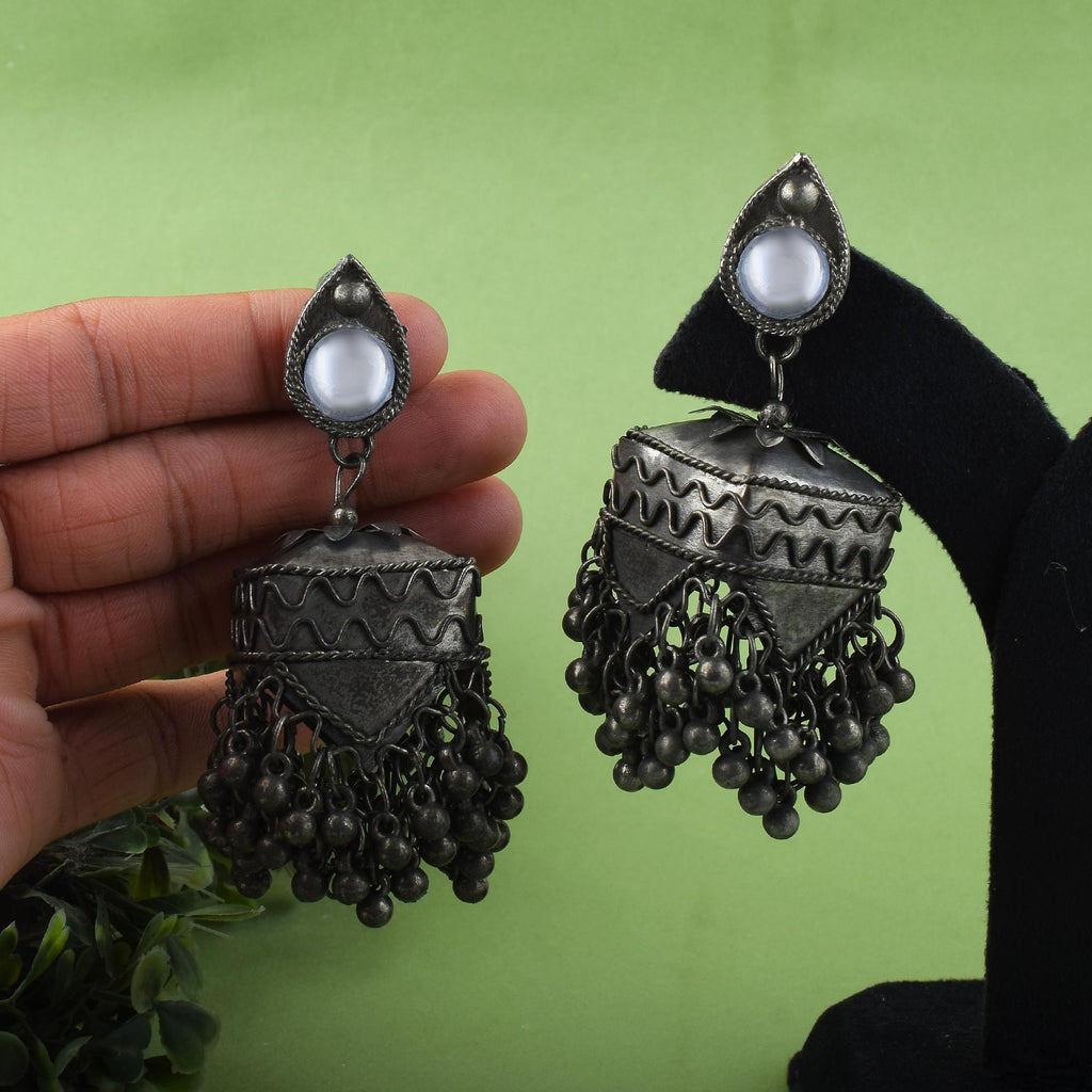 Silver Color Jhumka Style Oxidised Earrings With Oversized Dome Elements - Silver