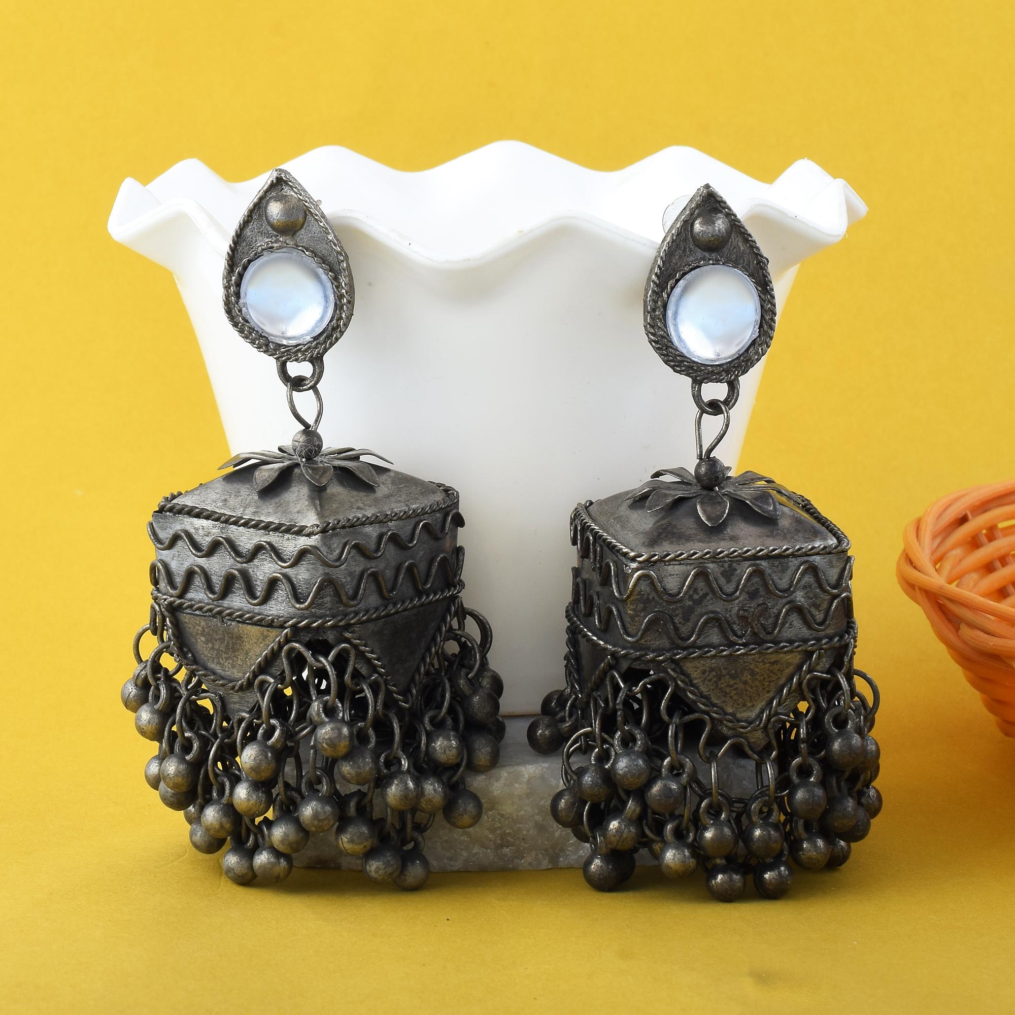Silver Color Jhumka Style Oxidised Earrings With Oversized Dome Elements - Silver