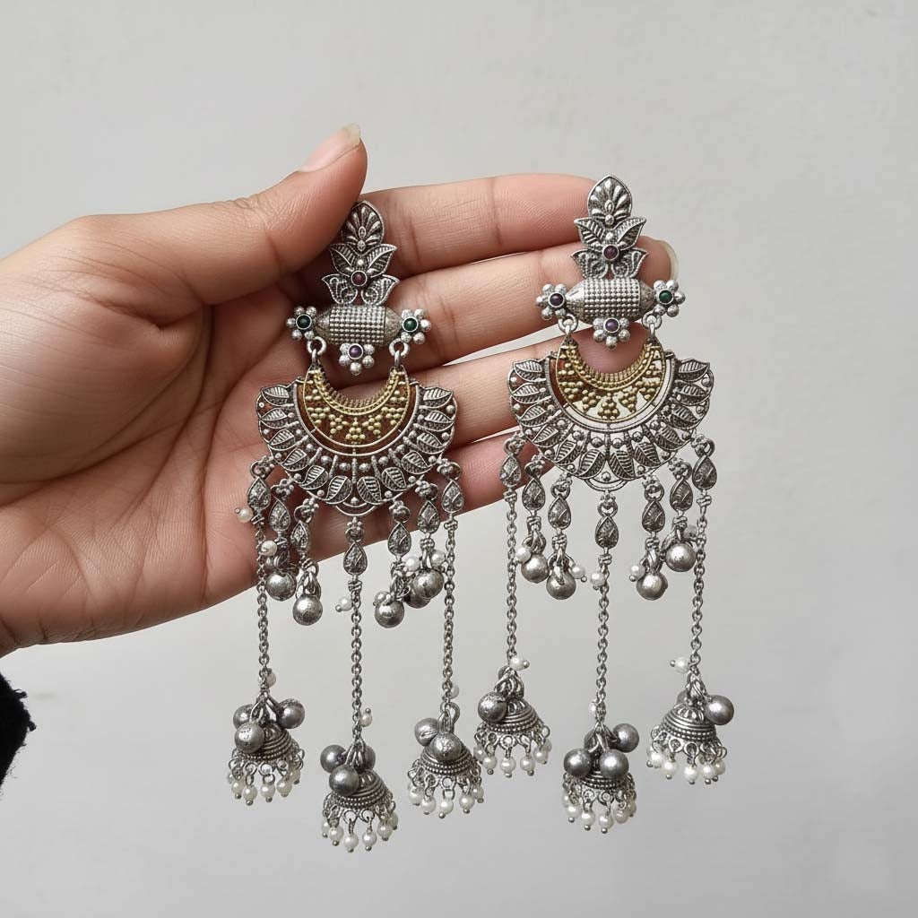 Gold & Silver Color Oxidised Earrings Crafted In Elegant Dual-Tone Design For Festive Beauty - Gold & Silver