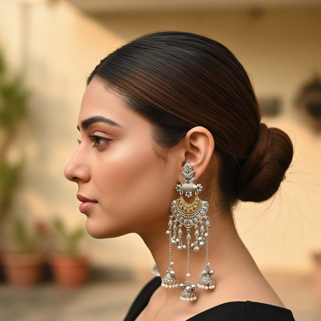 Gold & Silver Color Oxidised Earrings Crafted In Elegant Dual-Tone Design For Festive Beauty - Gold & Silver