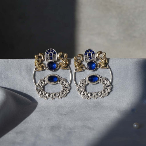 Blue Color Oxidised Earrings Designed With Stunning Dual-Tone Detailing For Bold Festive Fashion - Blue