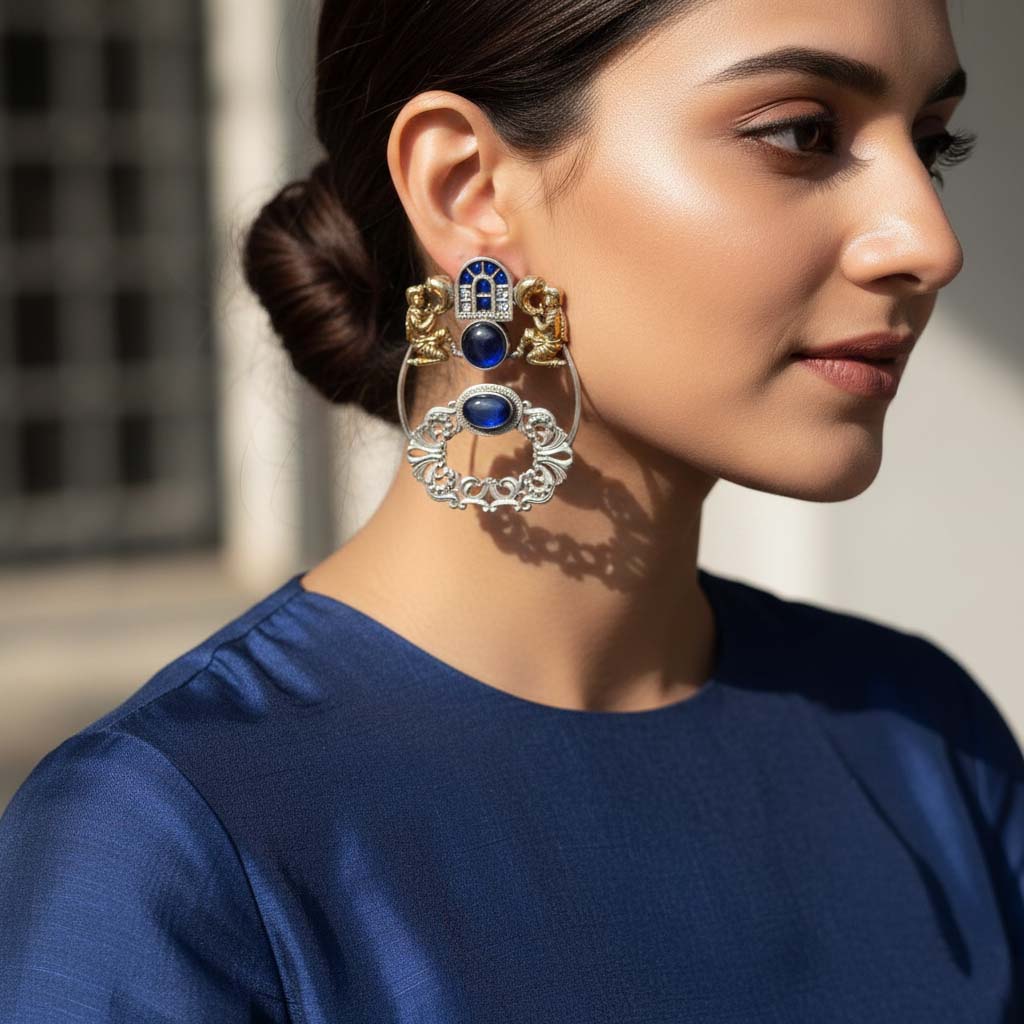 Blue Color Oxidised Earrings Designed With Stunning Dual-Tone Detailing For Bold Festive Fashion - Blue