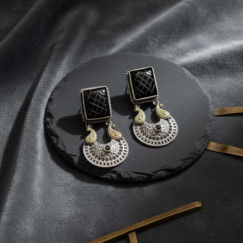 Black Color Oxidised Earrings Featuring Antique Dual-Tone Craftsmanship For Timeless Ethnic Elegance