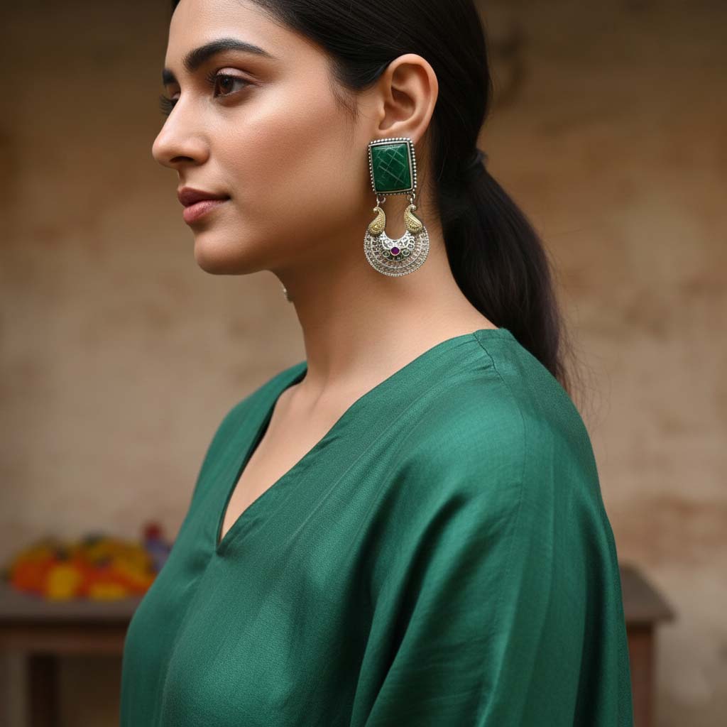 Green Color Oxidised Earrings Created With Dual-Tone Textures To Elevate Cultural Celebration Outfits - Green