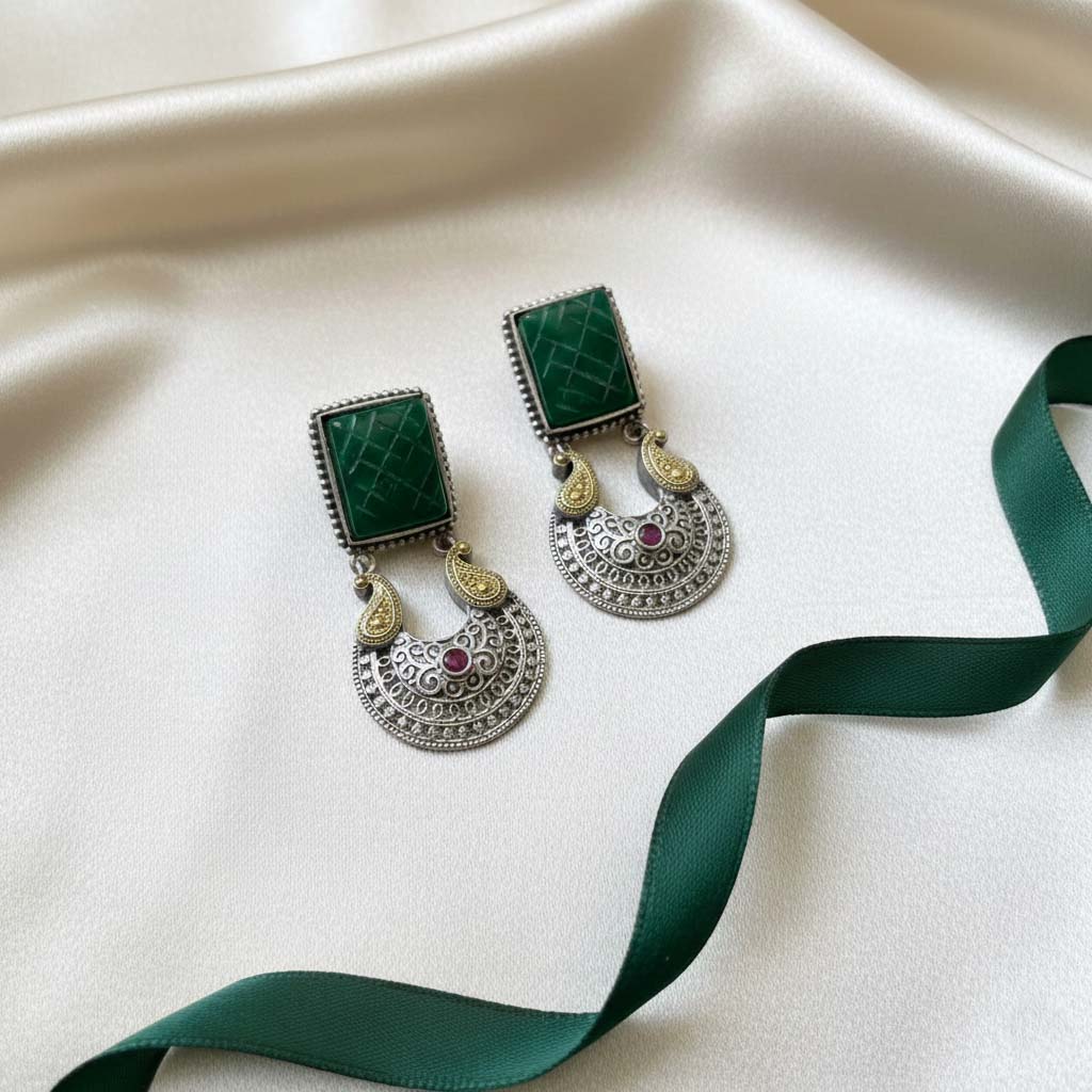 Green Color Oxidised Earrings Created With Dual-Tone Textures To Elevate Cultural Celebration Outfits - Green