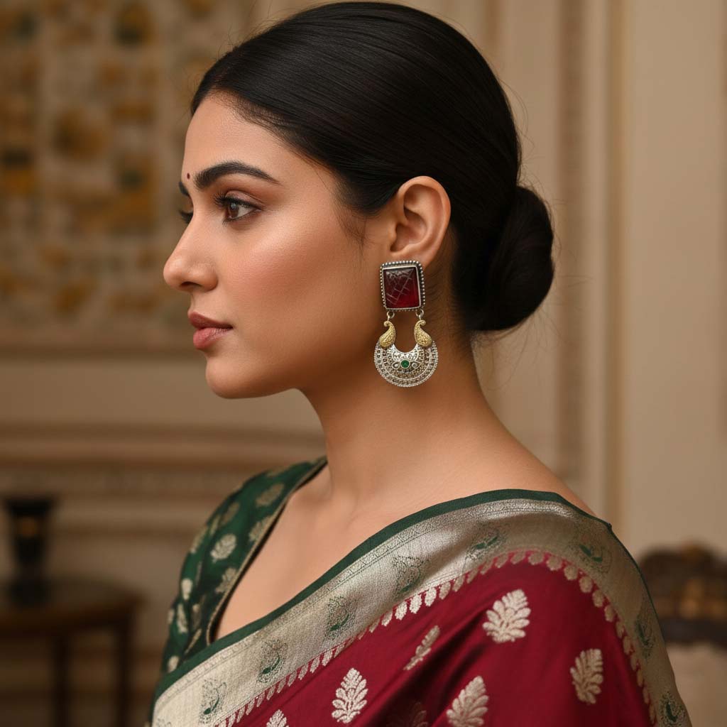 Maroon Color Oxidised Earrings Offering Beautiful Dual-Tone Accents Ideal For Ethnic Statement Looks - Maroon