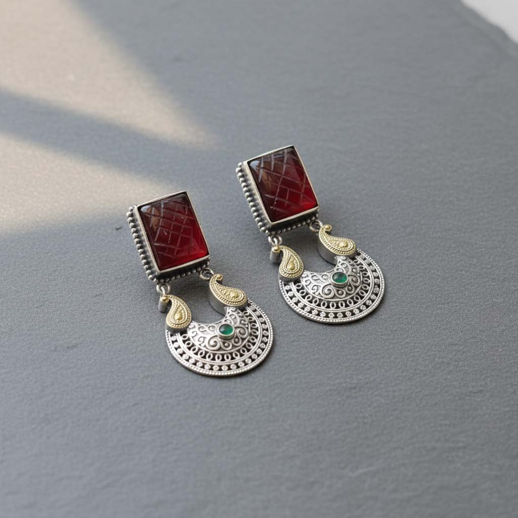 Maroon Color Oxidised Earrings Offering Beautiful Dual-Tone Accents Ideal For Ethnic Statement Looks - Maroon