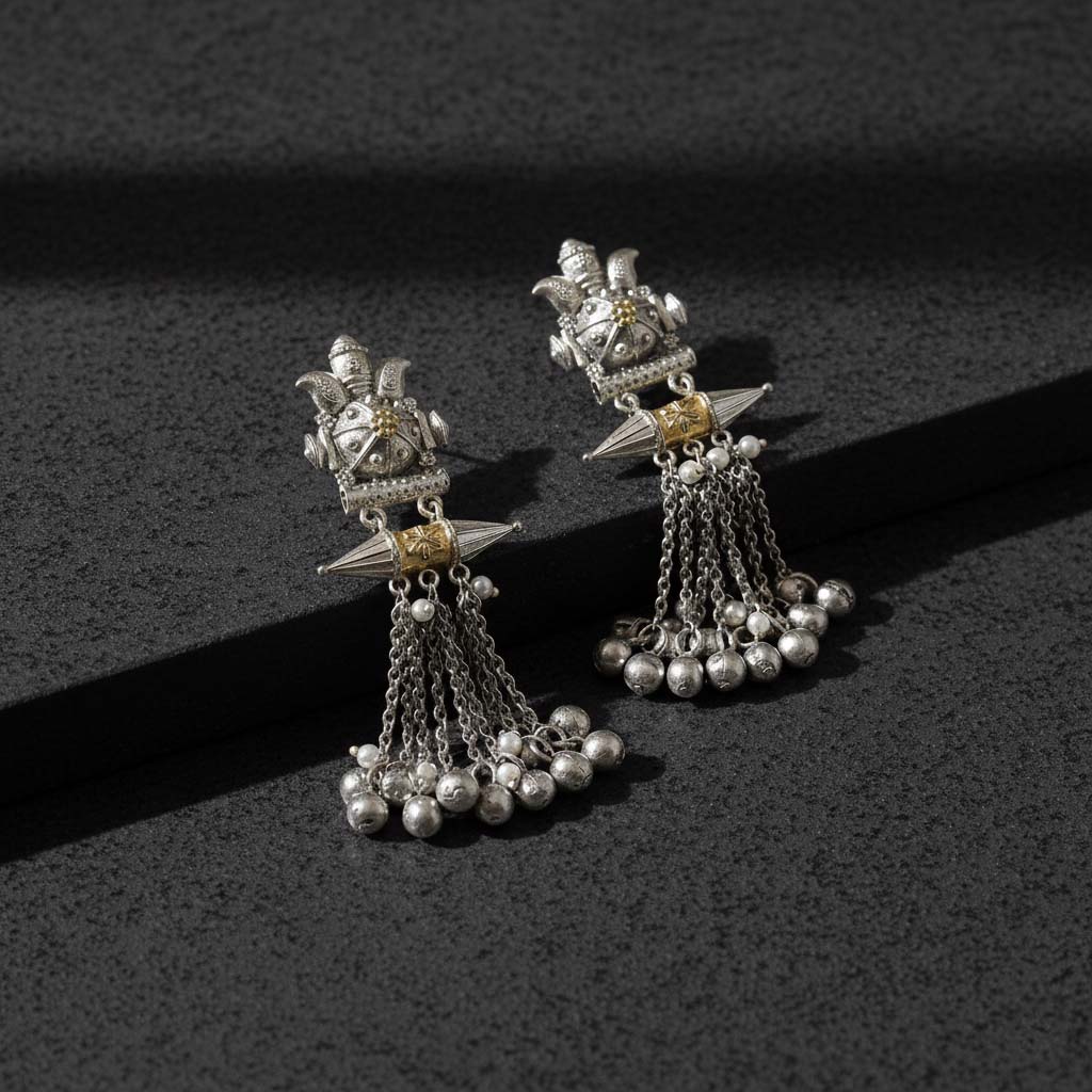 Gold & Silver Color Oxidised Earrings Showing Luxurious Dual-Tone Artistry Ideal For Celebrations - Gold & Silver