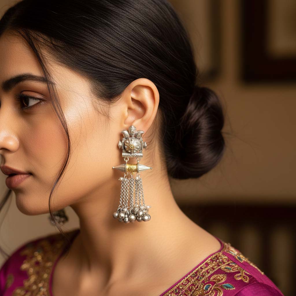 Gold & Silver Color Oxidised Earrings Showing Luxurious Dual-Tone Artistry Ideal For Celebrations - Gold & Silver