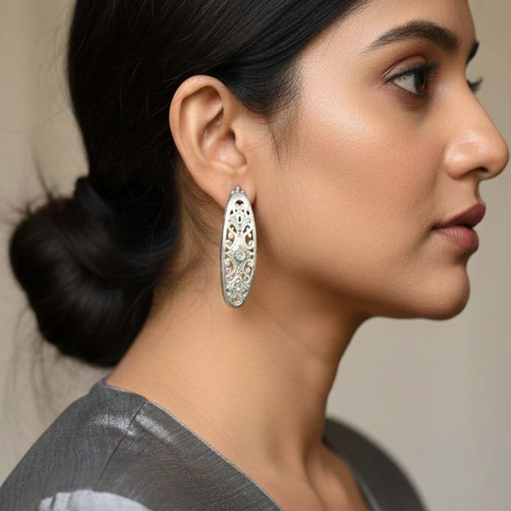 Silver Color Oxidised Earrings Offering Timeless Oxidised Shine Suitable For Daily Traditional Outfits - Silver