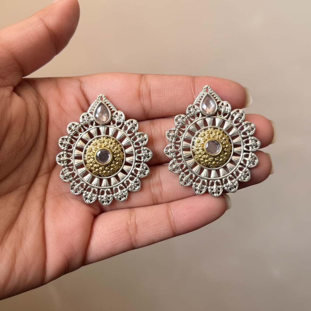Gold & Silver Color Oxidised Earrings Delivering Dual-Tone Appeal For Festive And Wedding Attire - Gold & Silver