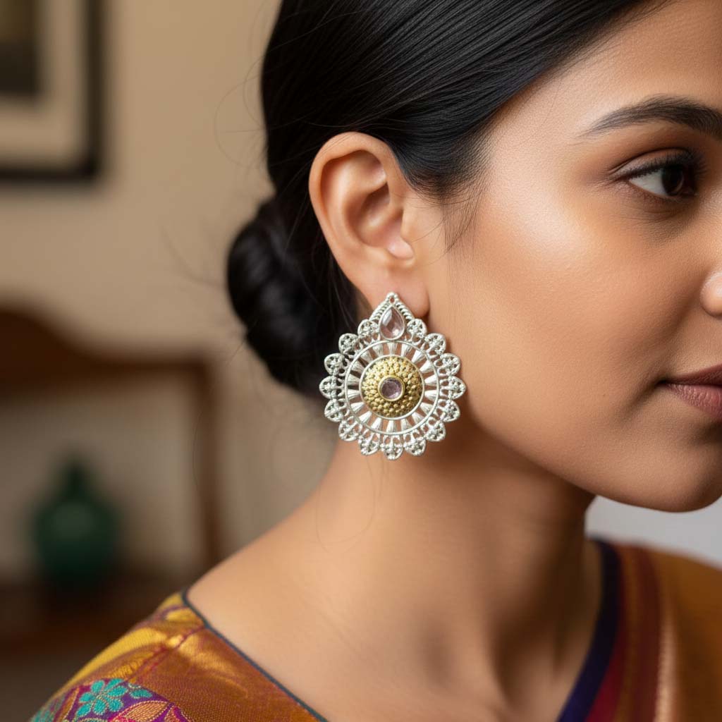Gold & Silver Color Oxidised Earrings Delivering Dual-Tone Appeal For Festive And Wedding Attire - Gold & Silver