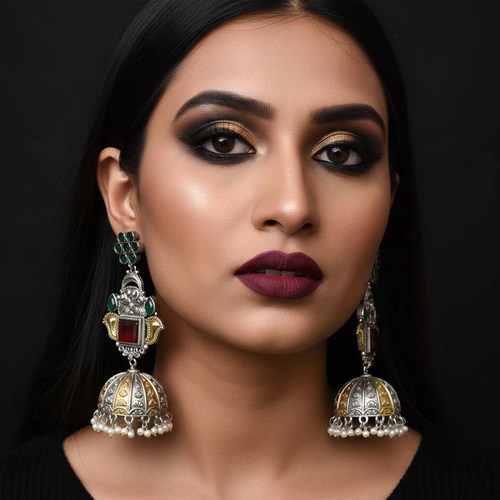 Maroon & Green Color Oxidised Earrings Blending Dual-Tone Shades For Rich Traditional Elegance - Maroon & Green
