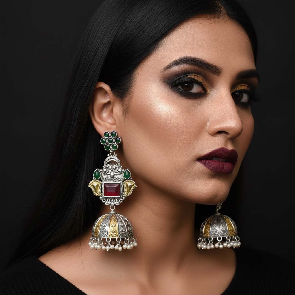 Maroon & Green Color Oxidised Earrings Blending Dual-Tone Shades For Rich Traditional Elegance - Maroon & Green