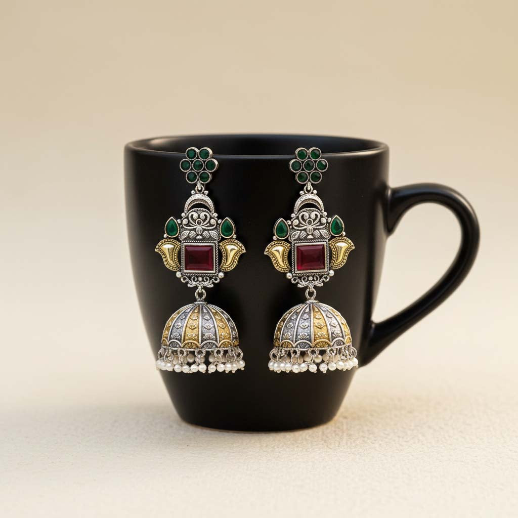 Maroon & Green Color Oxidised Earrings Blending Dual-Tone Shades For Rich Traditional Elegance - Maroon & Green