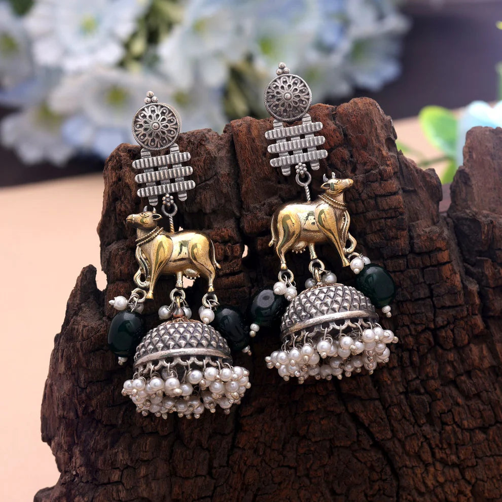 Dual Tone Oxidised Earrings With Unique Ethnic Pattern Design