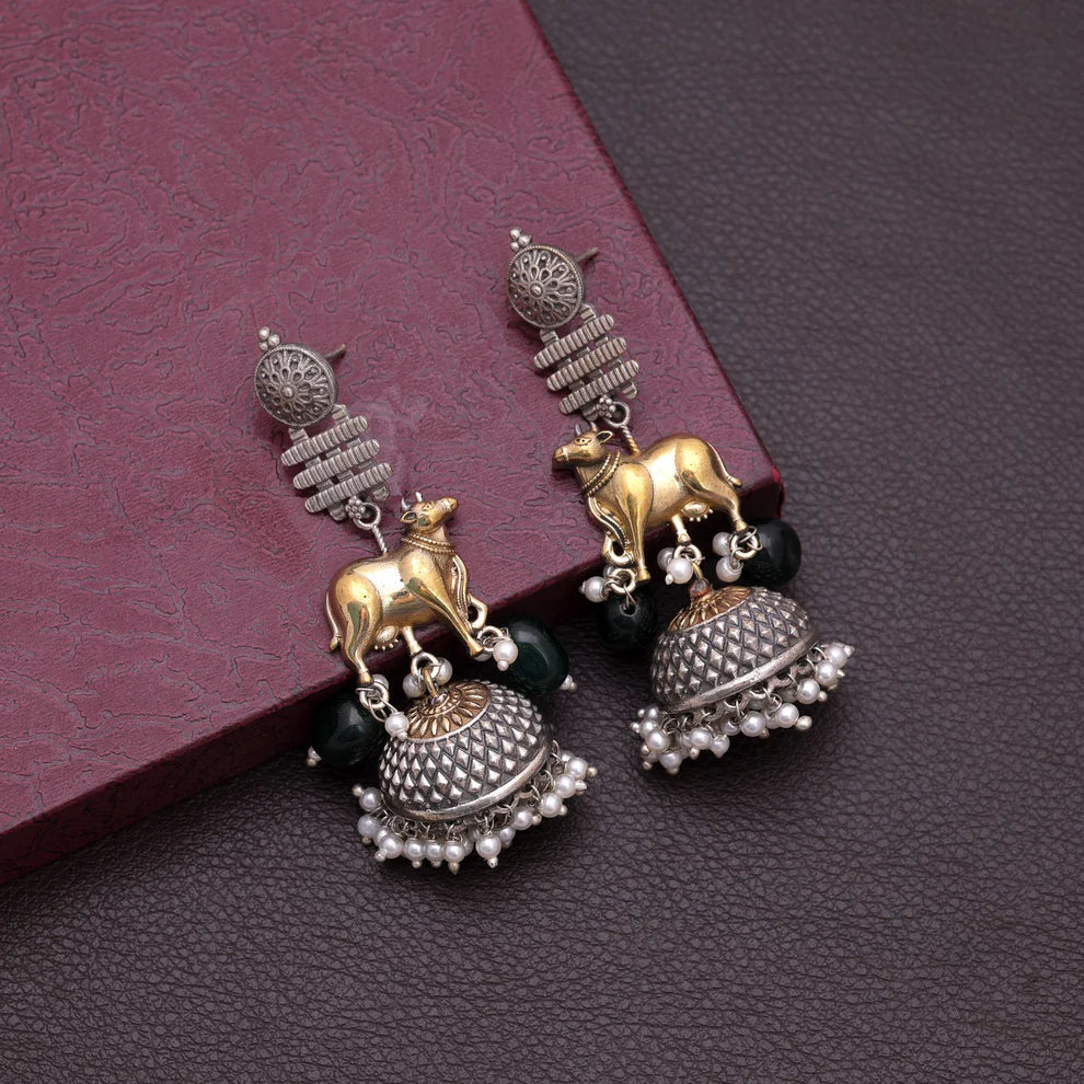 Dual Tone Oxidised Earrings With Unique Ethnic Pattern Design