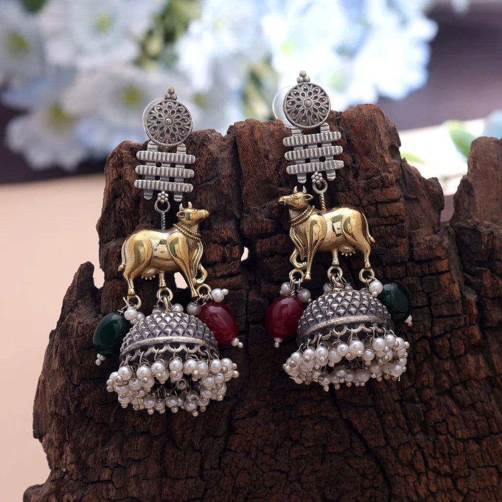 Dual Tone Oxidised Earrings With Unique Ethnic Pattern Design
