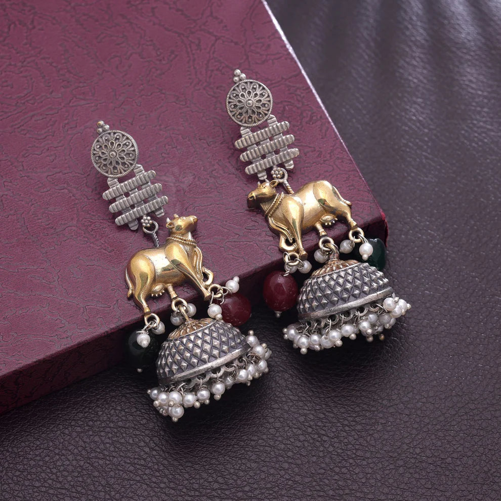 Dual Tone Oxidised Earrings With Unique Ethnic Pattern Design