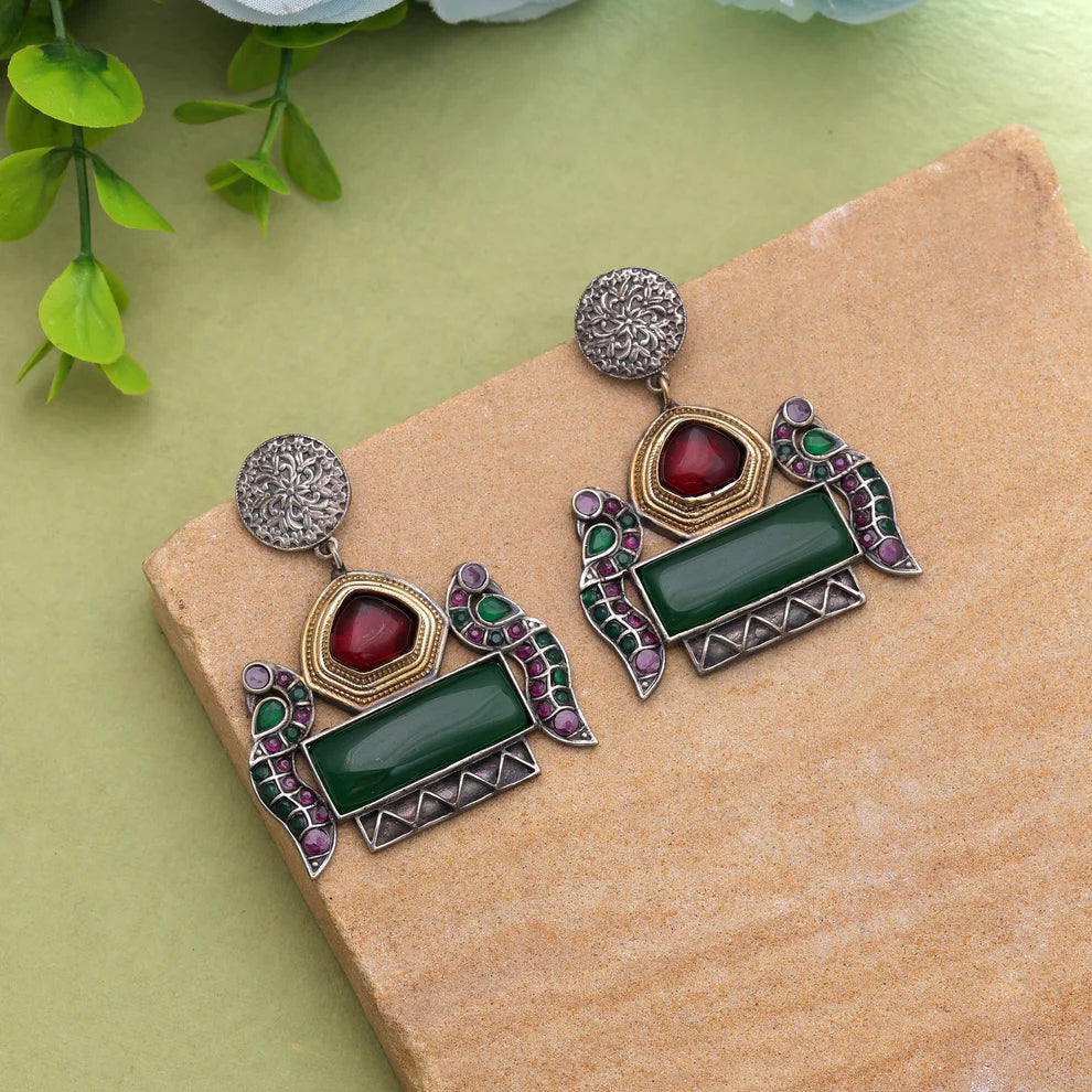 Maroon & Green Color Dual Tone Oxidised Earrings With Festive Elegance