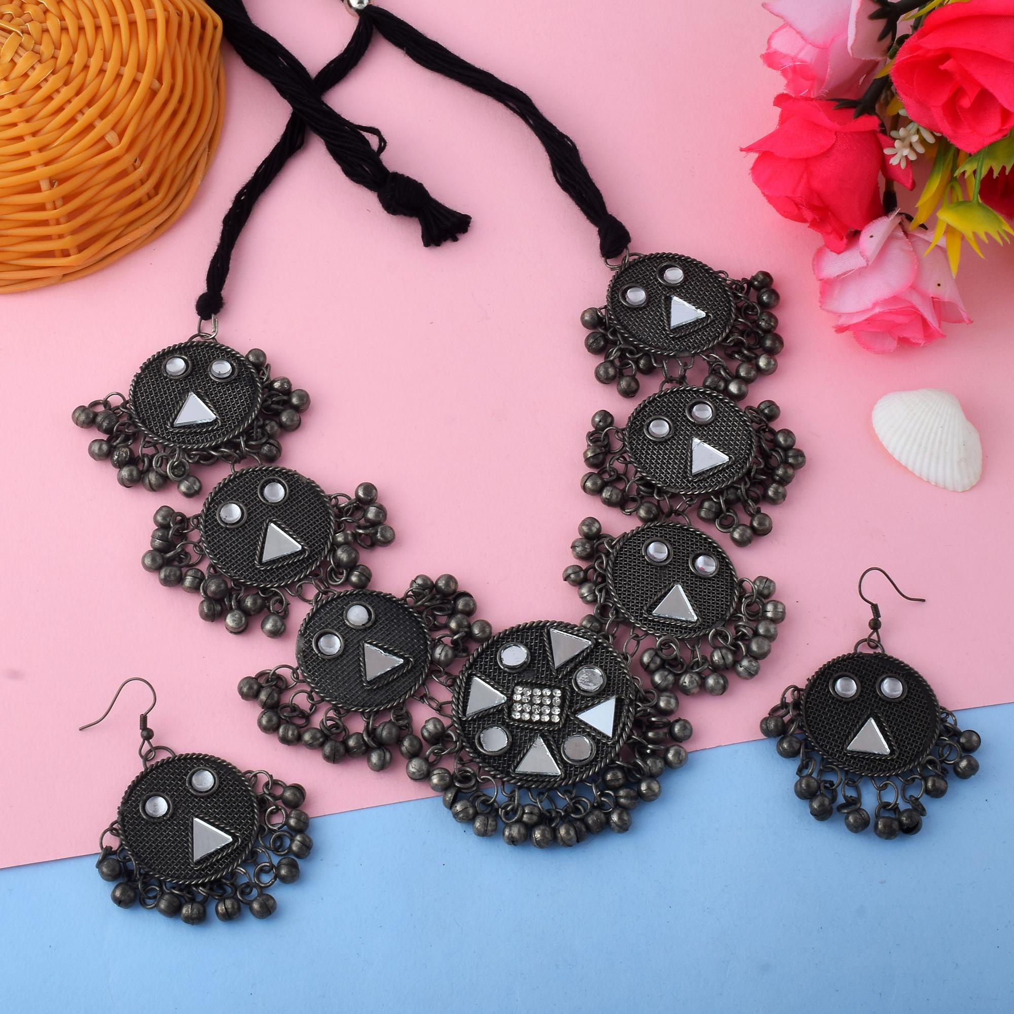 Elegant Layered Silver Color Oxidised Necklace Set For Statement Fashion Look - Silver