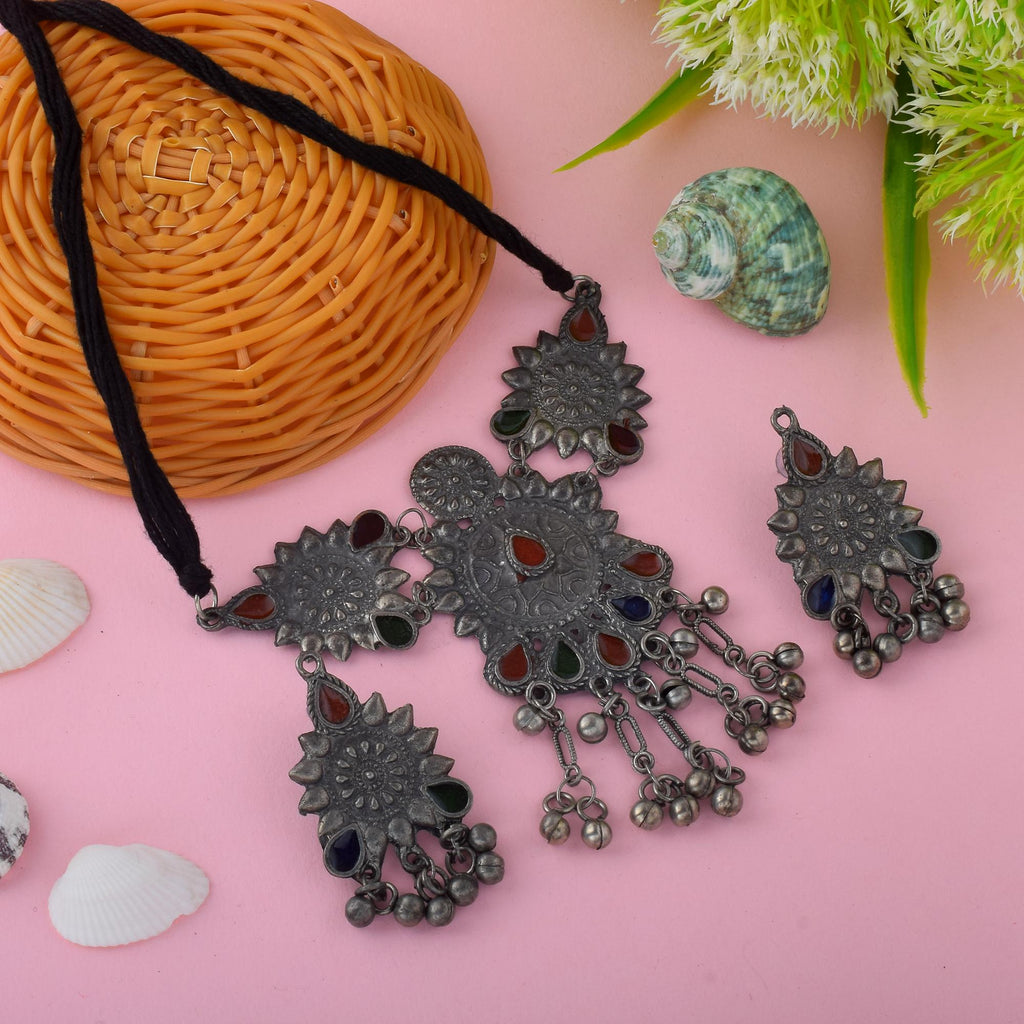 Multi Color Meena Work Oxidised Necklace Set For Vibrant Festive Dressing - Multi