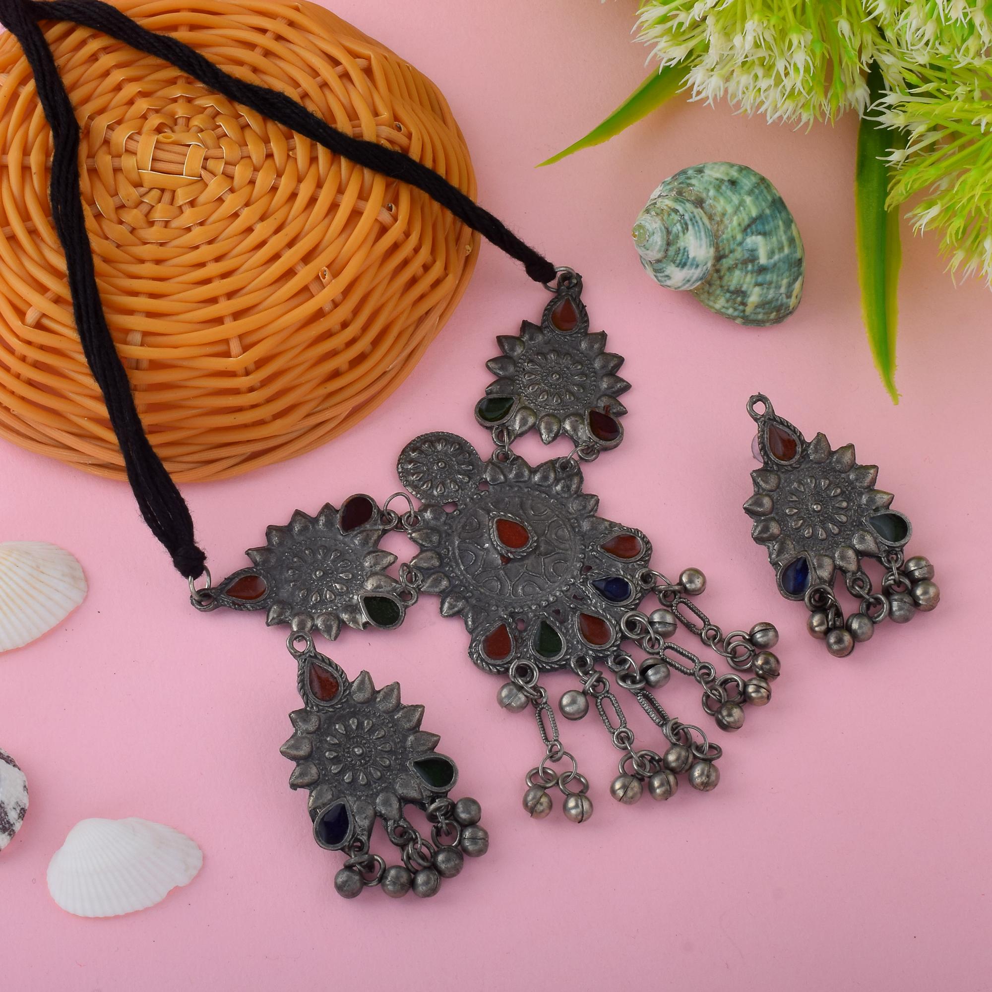 Multi Color Meena Work Oxidised Necklace Set For Vibrant Festive Dressing - Multi
