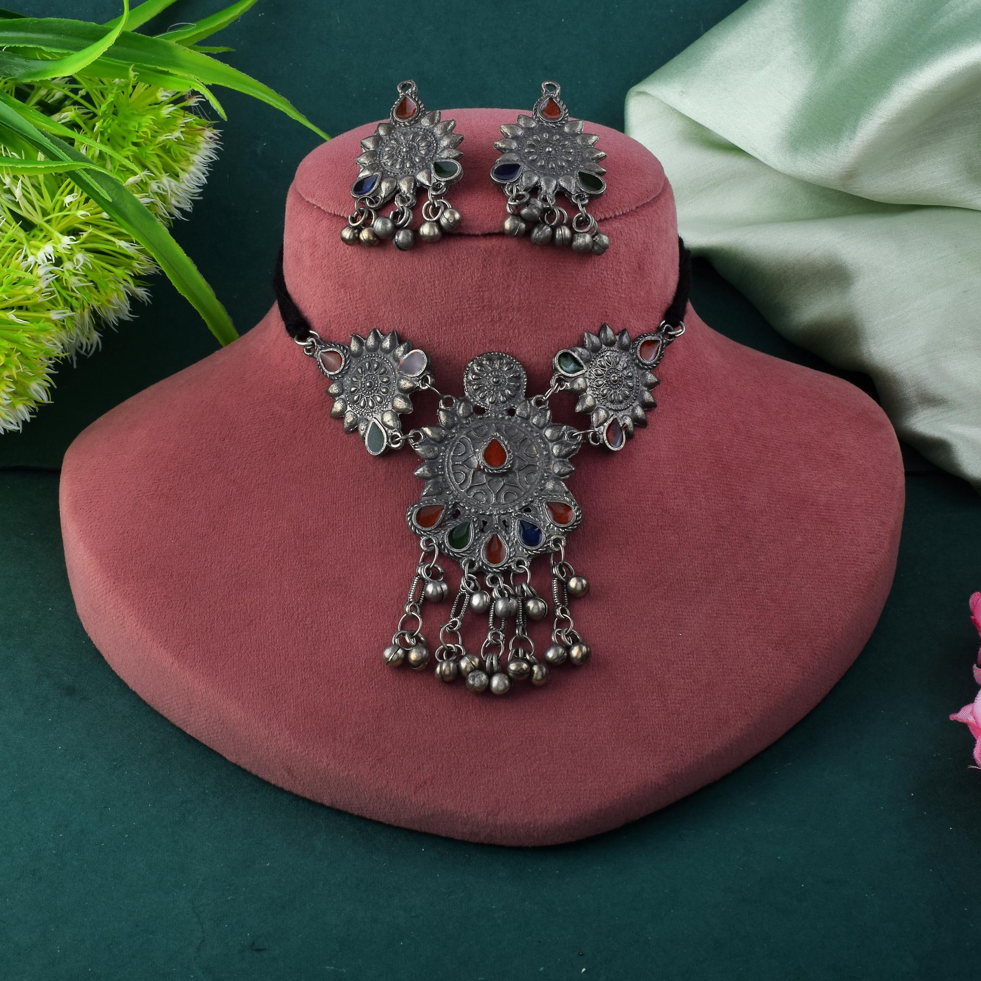 Multi Color Meena Work Oxidised Necklace Set For Vibrant Festive Dressing - Multi